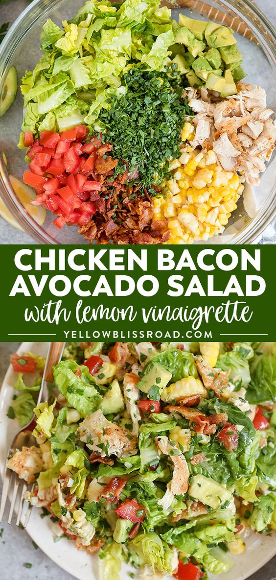 Bacon Avocado Chicken Salad with Lemon Vinaigrette - Loads of veggies, crispy bacon and creamy avocado make the perfect base for the healthy salad dressing. Bacon Avocado Chicken Salad with Lemon Vinaigrette - Loads of veggies, crispy bacon and creamy avocado make the perfect base for the healthy salad dressing.