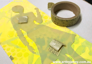 how to use washi tape on stencils for Jenny's garden of daisies art journal page step-by-step tutorial