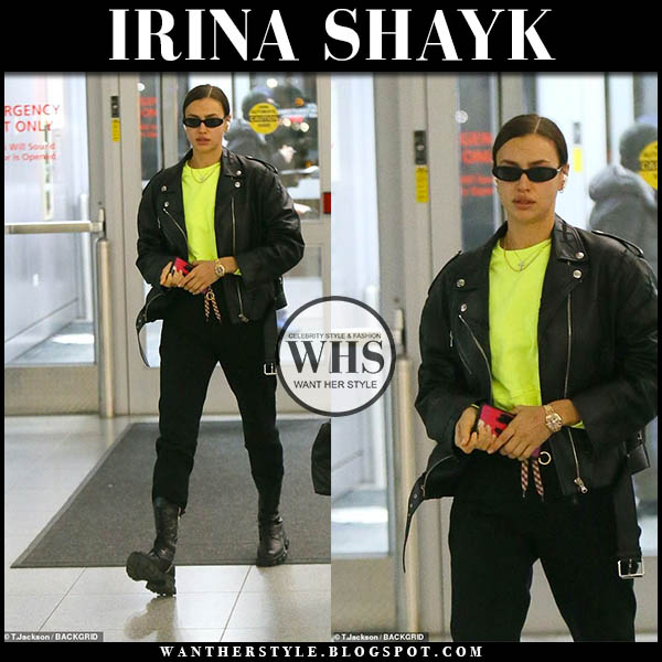 Irina Shayk in black leather jacket and black sweatpants at JFK on February 15 I want her