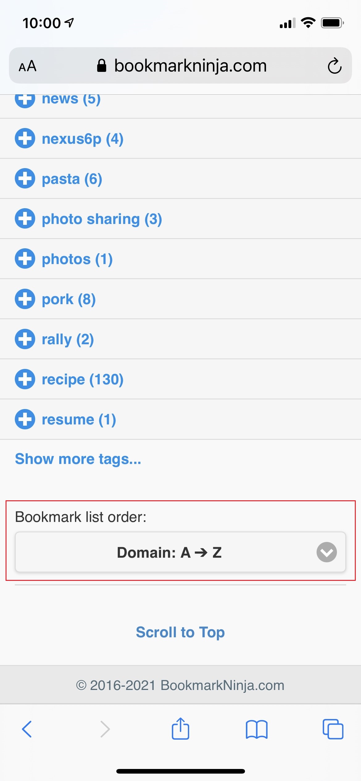 Bookmark Ninja Improvement Sorting the bookmarks by domain on the My