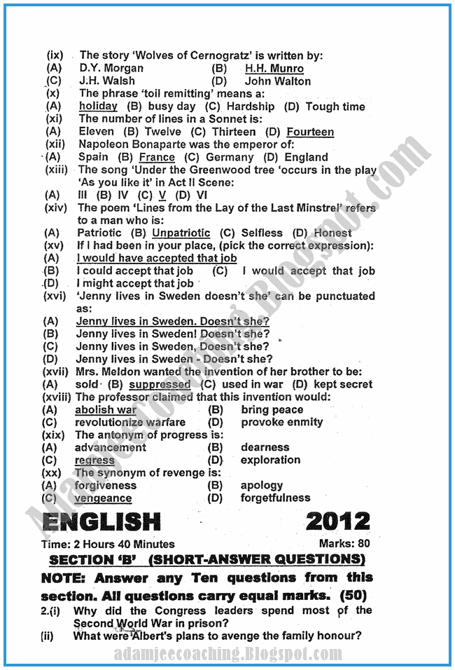 Adamjee Coaching: English 2012 - Past Year Paper - Class XI