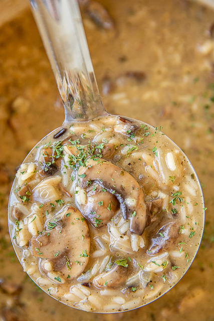 Mushroom & Wild Rice Soup - so simple and ready to eat in 20 minutes. Serve with some crusty bread and dinner is done! Onion, fresh mushrooms, chicken broth, water, sherry, cream of mushroom soup, and a box of quick-cooking long grain and wild rice. We make this at least twice a month. SO easy and delicious! #soup #mushrooms #mushroomsoup #wildrice #quickmeal ladle of mushroom and rice soup