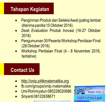 tahapan kegiatan ONIP (Olimpiade Nasional Inovasi Pembelajaran) Matematika tahun 2016 nomor contact person, alamat dan facebook page tahapan kegiatan ONIP (Olimpiade Nasional Inovasi Pembelajaran) Matematika tahun 2016
