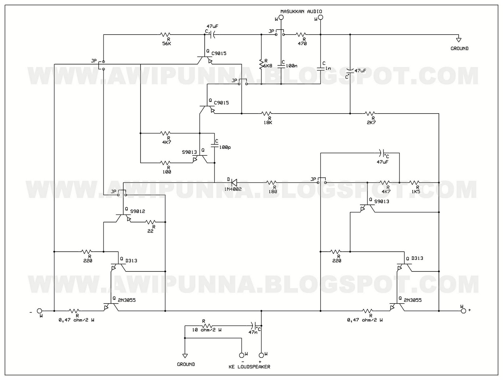 ARWIS' BLOG: Skema Audio Amplifier Menggunakan Transistor 2N3055