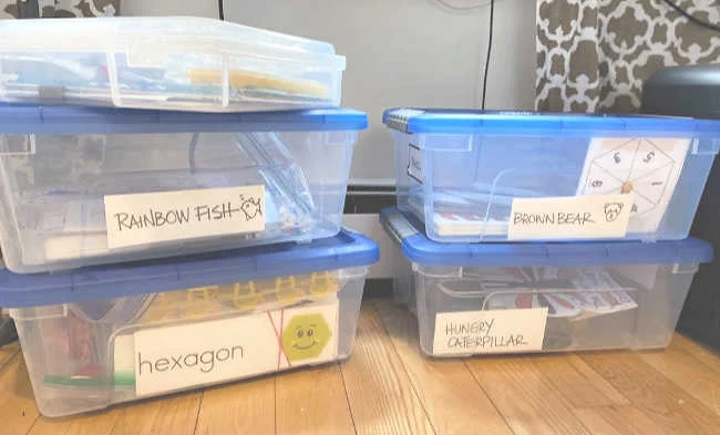 Bins for activities and a Home School Classroom
