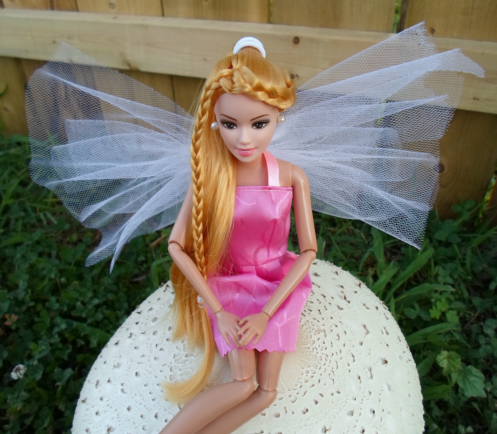 DIY Barbie Blog : Fairy Garden Barbie Posing on Natural Mushroom