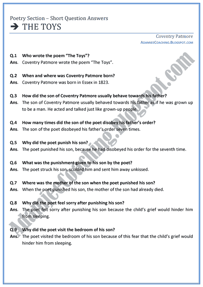 Adamjee Coaching The Toys Question Answers English XI