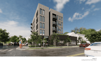 proposed Fulton House apartments would feature numerous balconies on the upper floors