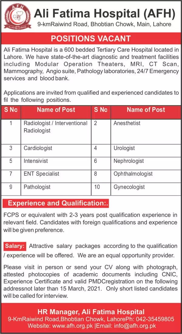 Ali Fatima Hospital | AFH | Medical Jobs | 2021