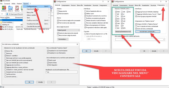 finestra di configurazione di winrar con la scelta del menù finestra di configurazione di winrar con la scelta del menù