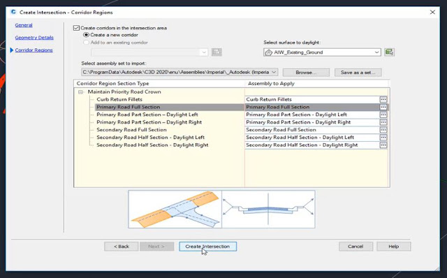 Corridor regions in Autodesk Civil 3D