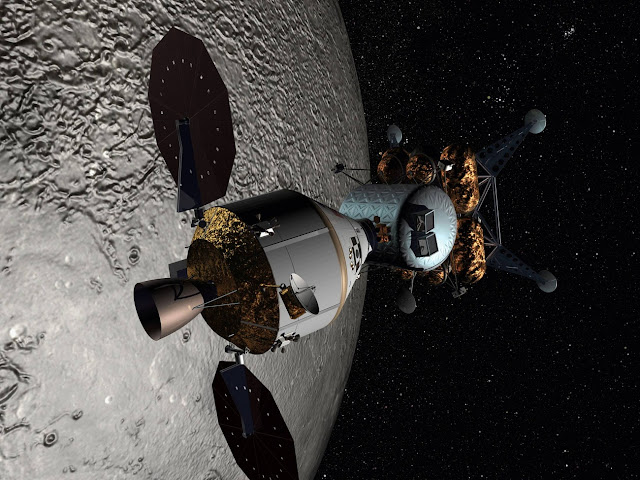 Космический корабль «Орион» с модулем лунной базы приближается к Луне / NASA