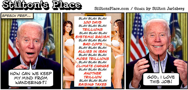 stilton’s place, stilton, political, humor, conservative, cartoons, jokes, hope n’ change, biden, speech, 100 days, senile, asshole