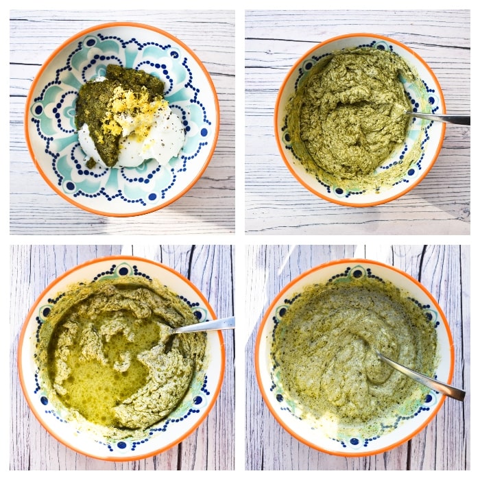 Four photos showing creamy lemon basil spaghetti sauce being made,