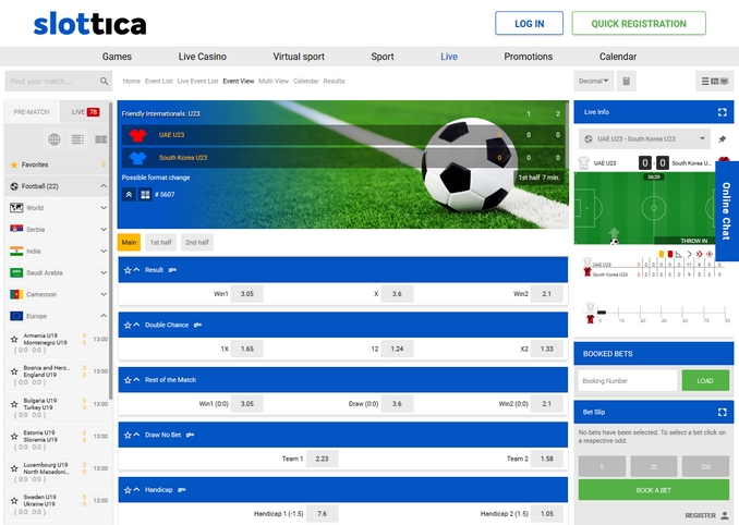 Slottica Live Betting Screen