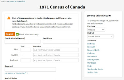 Screen capture from Ancestry.ca 1871 Census of Canada search page.