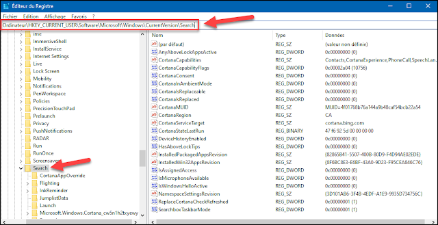 Désactiver la recherche web de Cortana dans la zone de recherche avec la base de registre Windows 10 désactiver, arrêter, empêcher, interdire, limiter, la recherche web, Cortana, zone de recherche, la recherche avec Cortana, base de registre, regedit.exe, administration, trucs et astuces