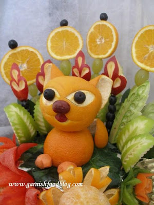 cat sculpture with fruits