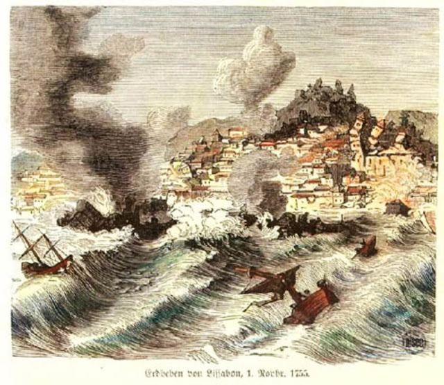 Немецкая гравюра. Лиссабонское землетрясение и приливная волна 1 ноября 1755 г.
