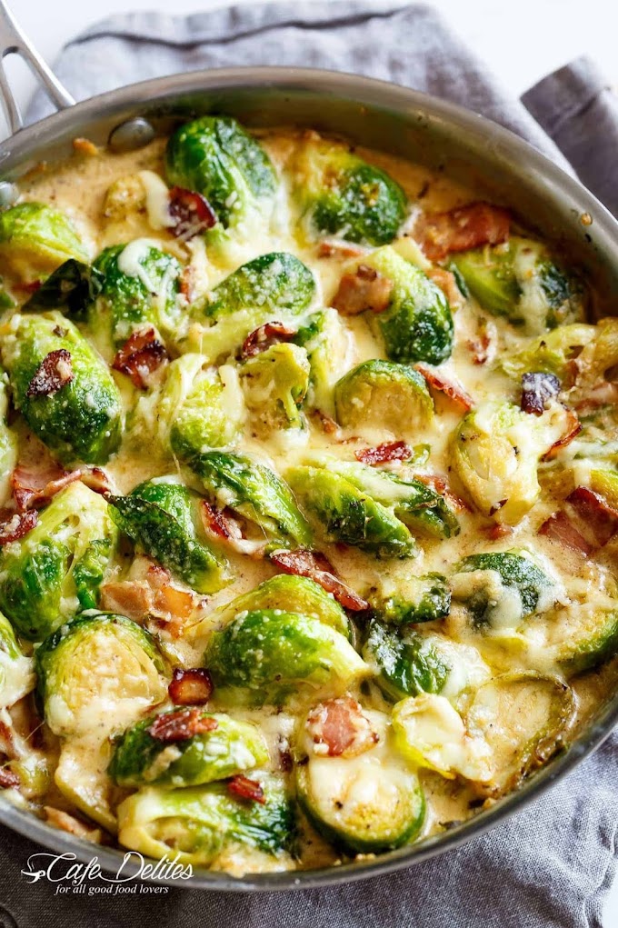 CREAMY GARLIC PARMESAN BRUSSEL SPROUTS WITH BACON broccoli vegan