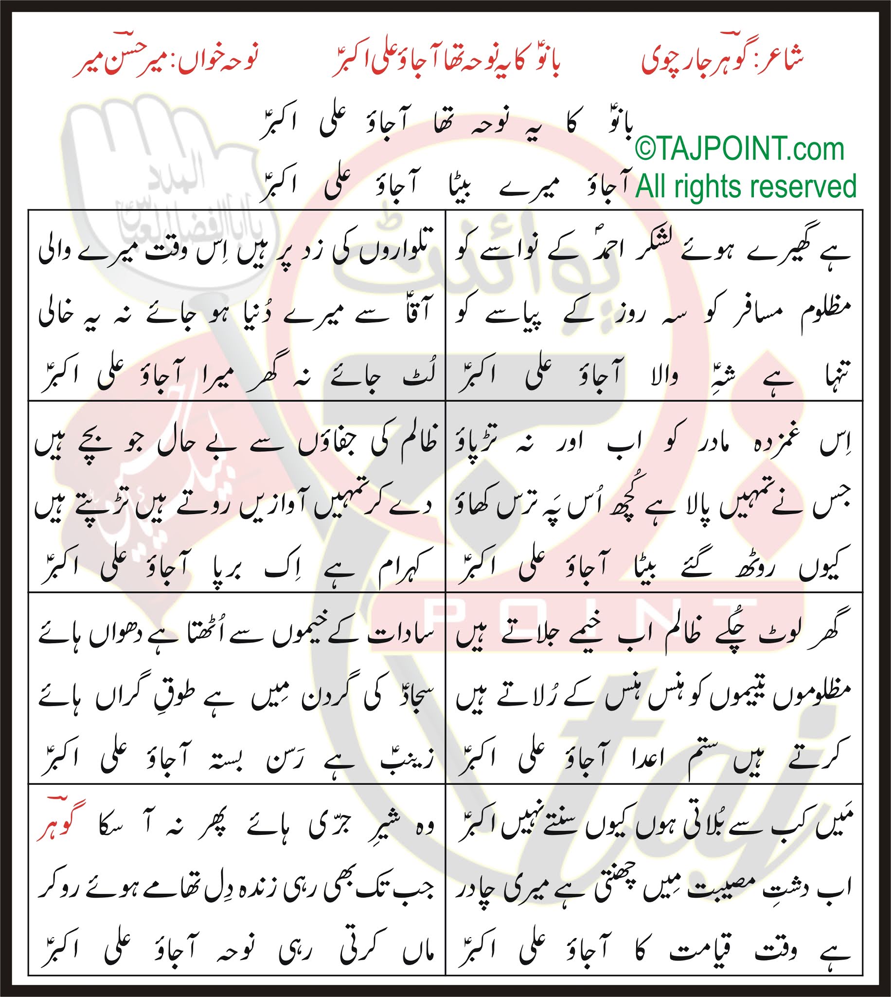 Bano Ka Yeh Noha Tha Aa Jao Ali Akbar Mir Hasan Mir Lyrics In Urdu and