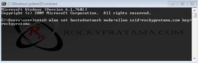 netsh wlan set hostednetwork mode=allow ssid=rockypratama.com key=rockypratama