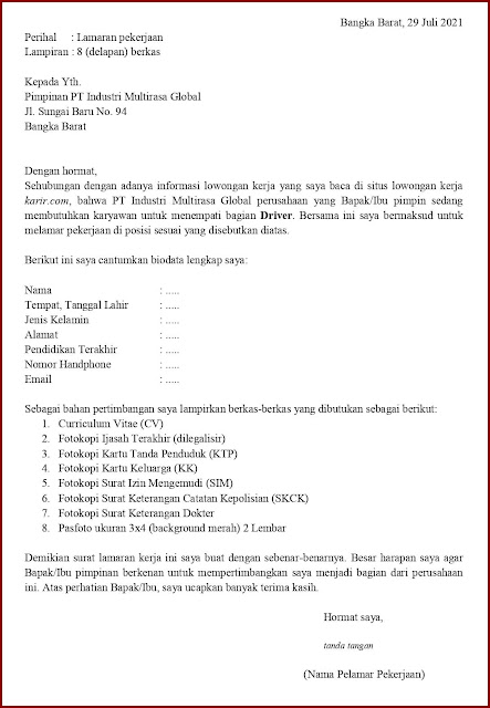 Contoh Surat Lamaran Kerja Untuk Driver Kantor (Fresh Graduate) Berdasarkan Informasi Dari Website Contoh Application Letter Untuk Driver Hotel (Fresh Graduate) Berdasarkan Informasi Dari Website