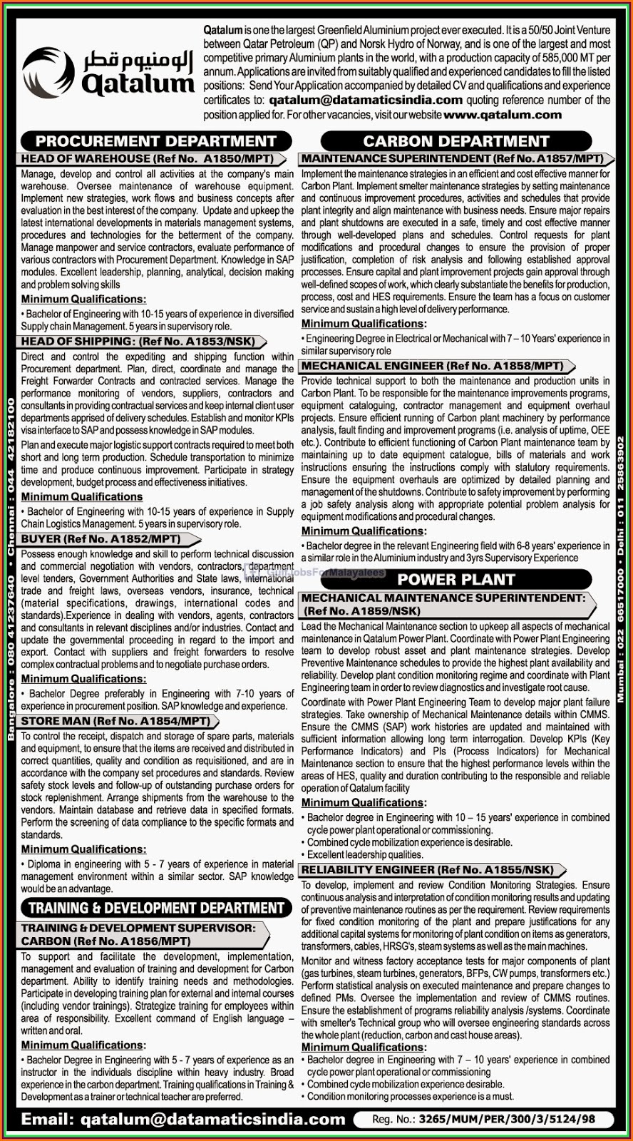 Qatalum Qatar Vacancies Gulf Jobs for Malayalees