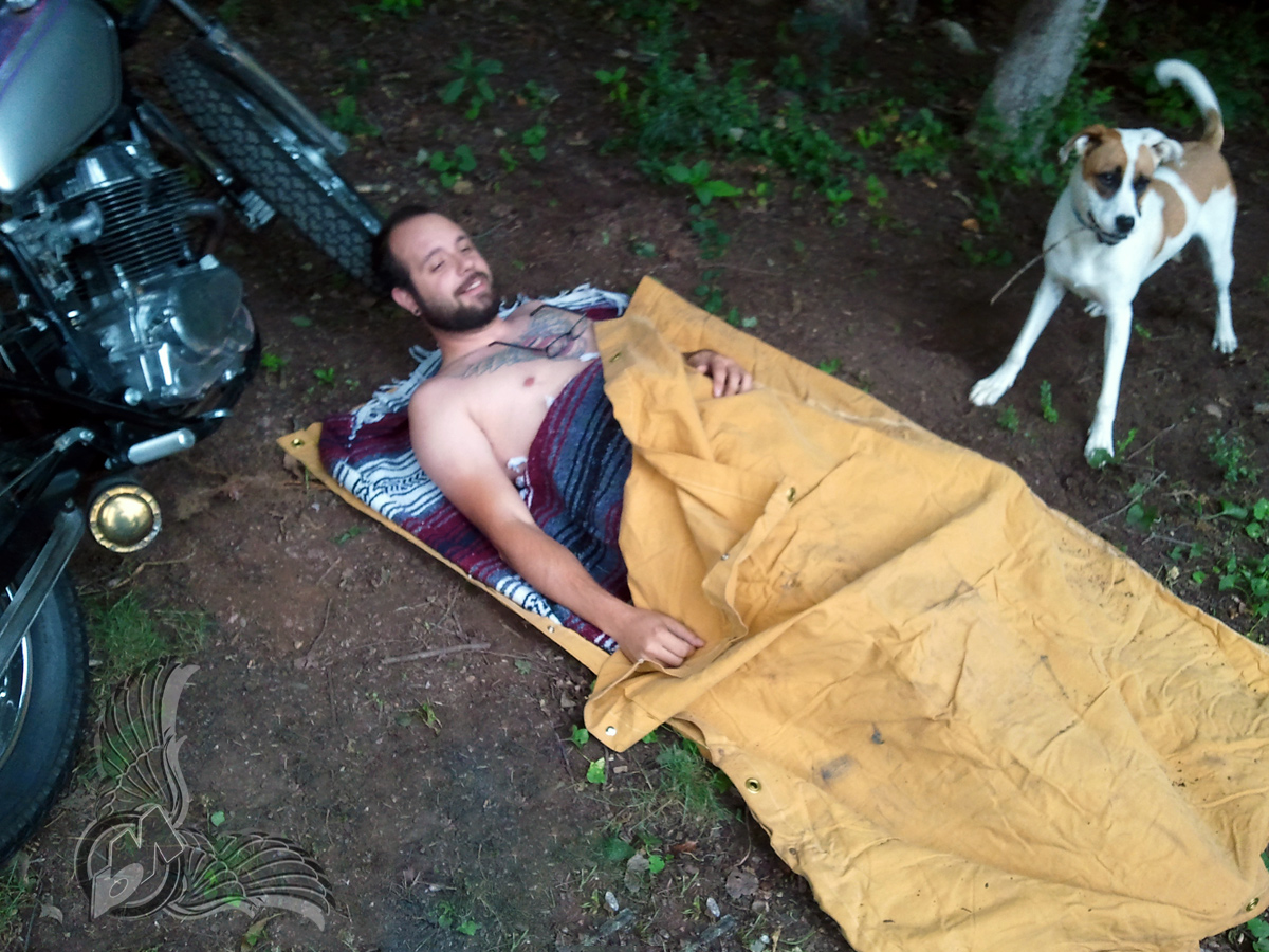 hugh owings in his don wood biker bedroll/wild dog protector