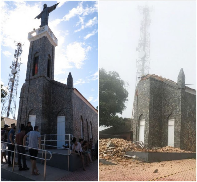 Torre de igreja em Viçosa do Ceará desaba. Imagem do Cristo redentor de