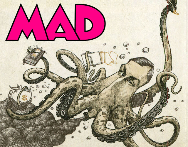 Detail of a MAD Magazine double page. Caricature of a grotesque octopus with the face of Jared Kushner (Donald Trump's son-in-law) releasing ink while watching us and holding a piggy bank just like Trump.  It is a detail from a double-page spread published in 2019.