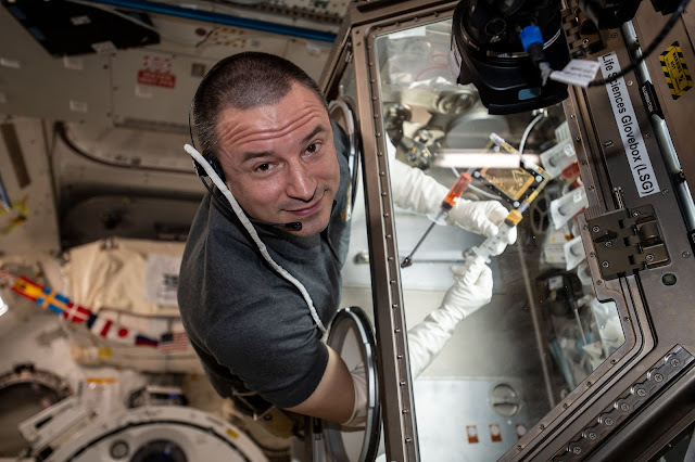 Andrew Morgan aboard the space station, his arms are inside of a big box used for scientific experimentation.