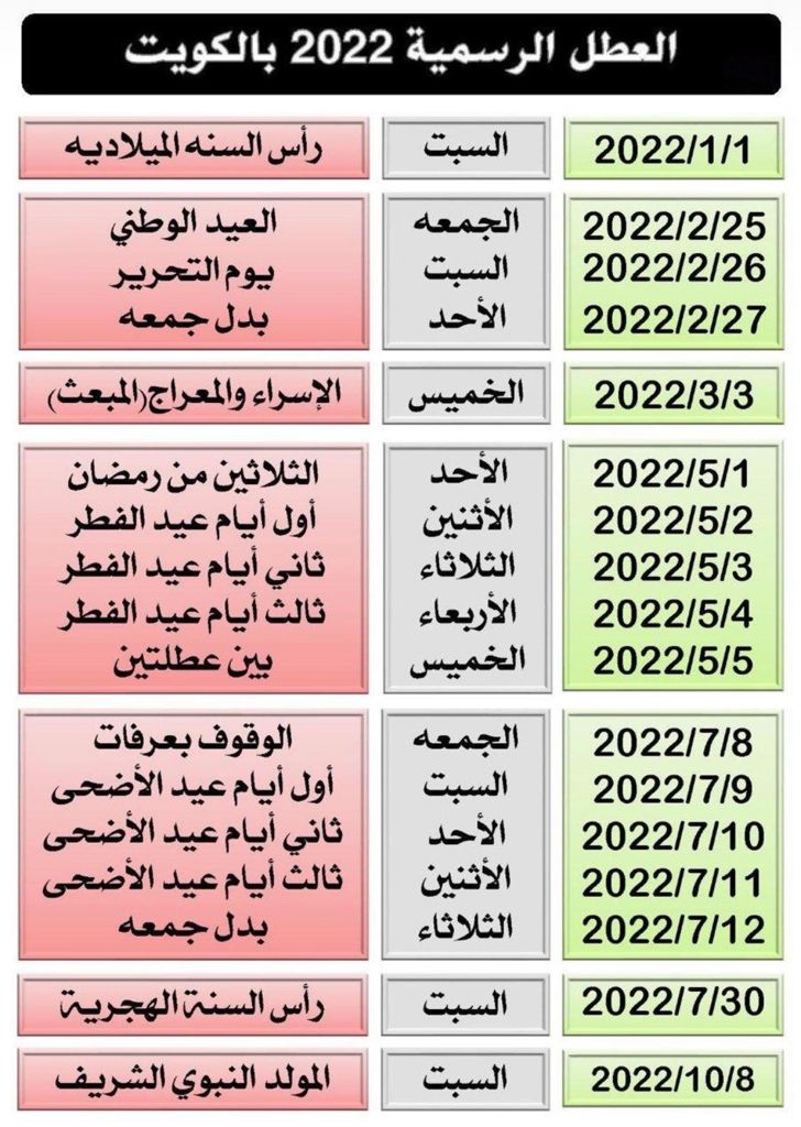العطل الرسمية في الكويت 2022 ، الإجازات الرسمية 2022 بالكويت العطل الرسمية في الكويت 2022 ، الإجازات الرسمية 2022 بالكويت