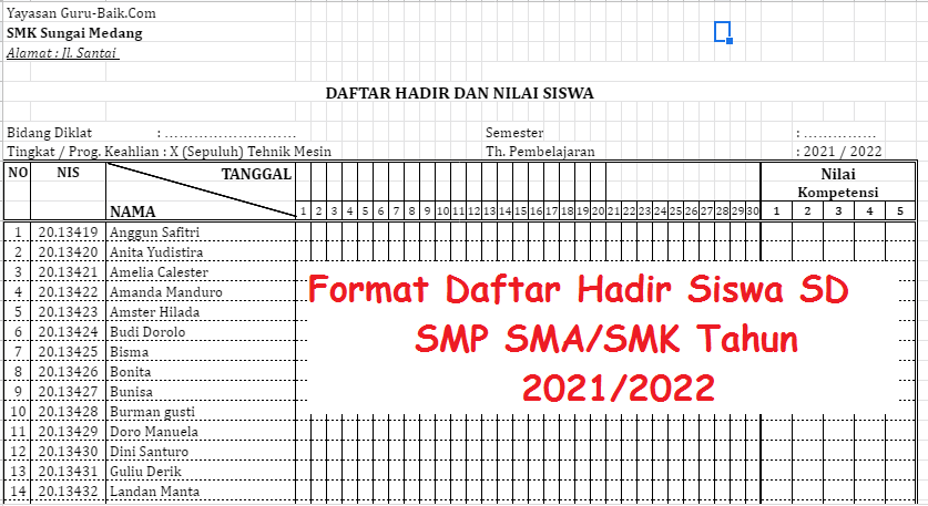 Gambar Format Daftar Hadir Siswa SD SMP SMA/SMK Tahun 2021/2022