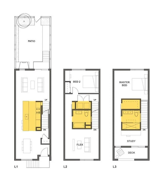 Bố trí các mặt bằng từ tầng 1 đến tầng 3 căn nhà phố kiểu Mỹ