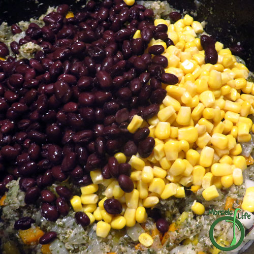 Morsels of Life - Tex-Mex Quinoa Step 5 - Continue cooking and mix in black beans and corn (and quinoa). I added the quinoa here, but I'd recommend adding it at the end.