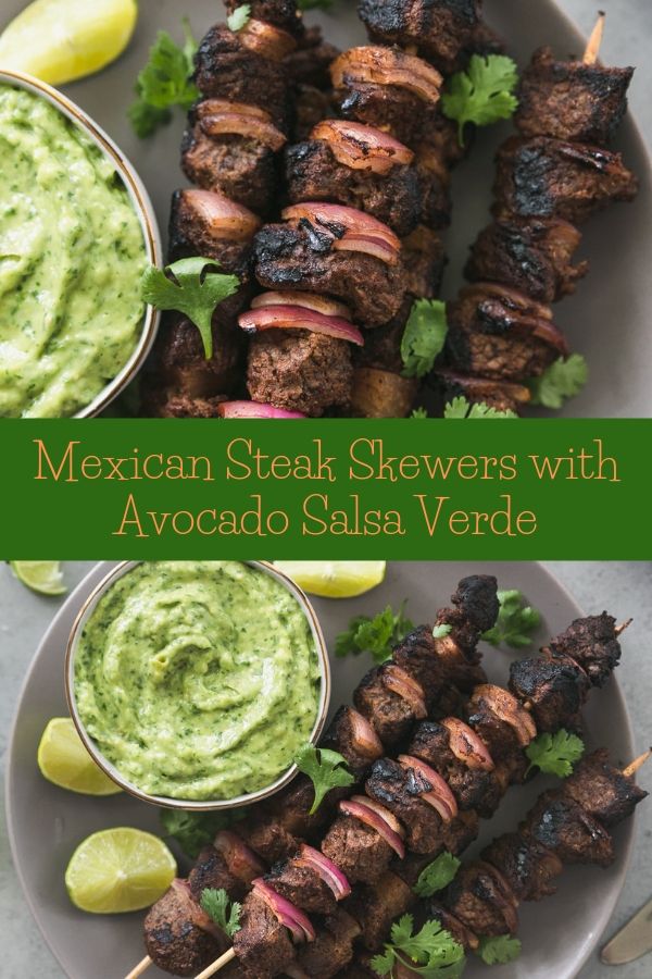 Mexican Steak Skewers with Avocado Salsa Verde cocktail drinks and