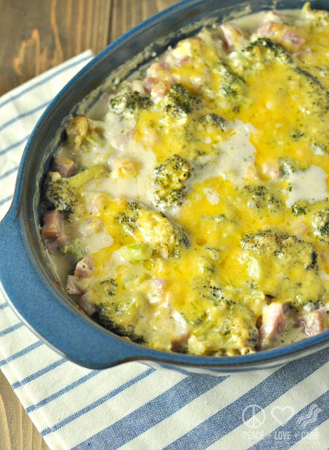 low carb three cheese ham and broccoli casserole