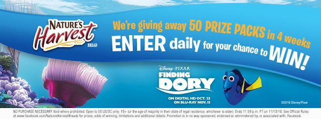 Make a Splash with Whole Grains Instant Win Game Nature's Harvest Bread has your chance to enter daily to win instant FINDING DORY prizes or the grand prize trip for four to Monterey Bay, California!