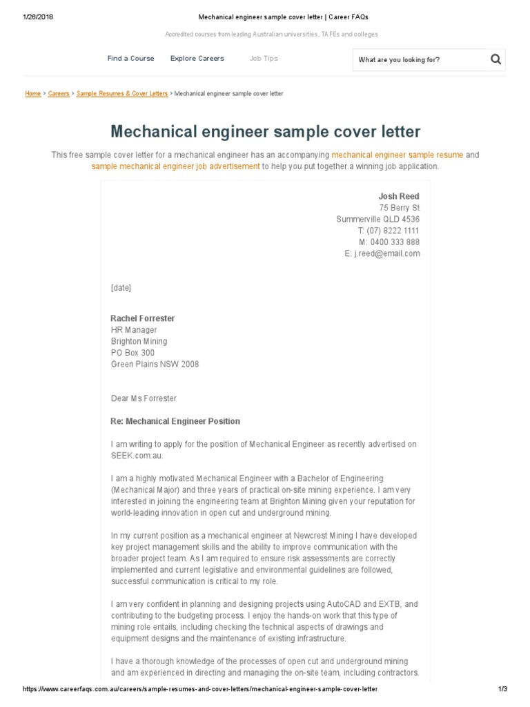 mechanical engineering cover letter resume