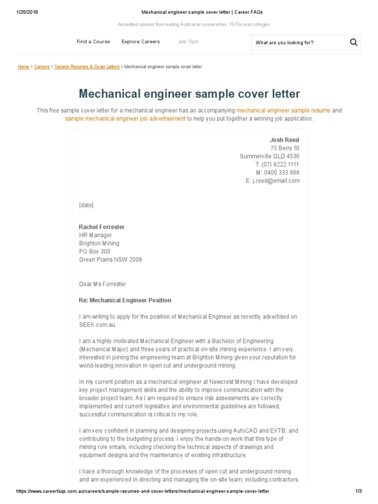 Mechanical Engineering Cover Letter Examples 2018 Resume Letter