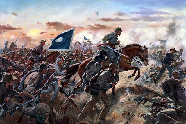 Армия Теннесси атакует Фрэнклин. На коне - генерал Патрик Клеберн, который погибнет через несколько минут.