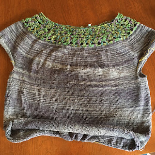 tee with crocheted yoke and knit body partially finished