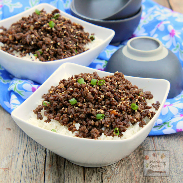 Sweet, salty, with a little spicy kick, if you like, this quick and easy Korean Ground Beef over Rice will please your taste buds! Done in 20 minutes or less.  Can be made Paleo-friendly. | manilaspoon.com