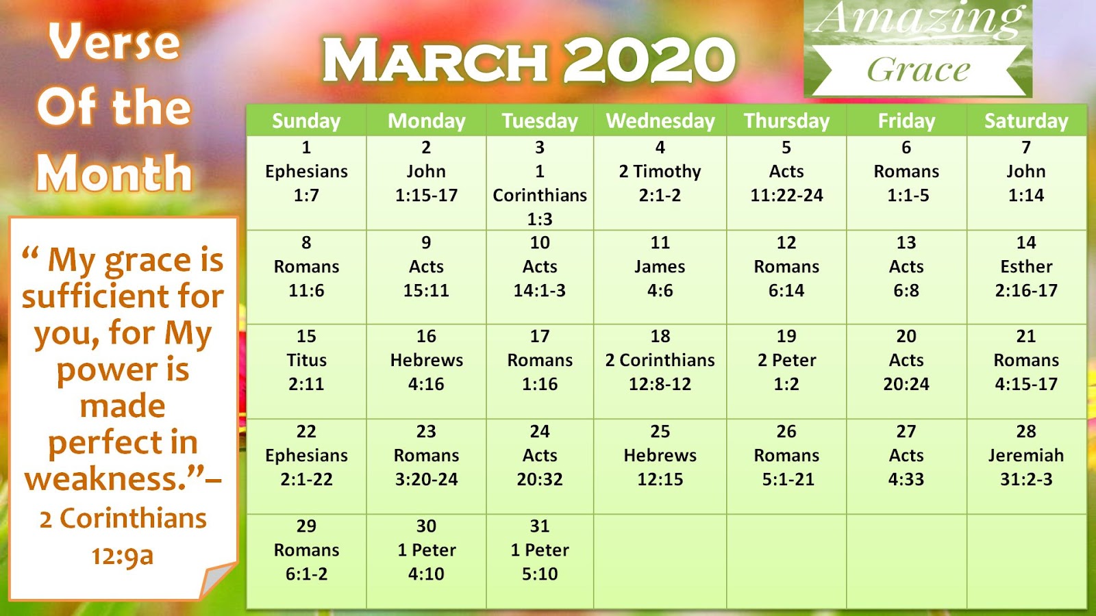 Daily Verses Calendar - March 2020 - Printable Version
