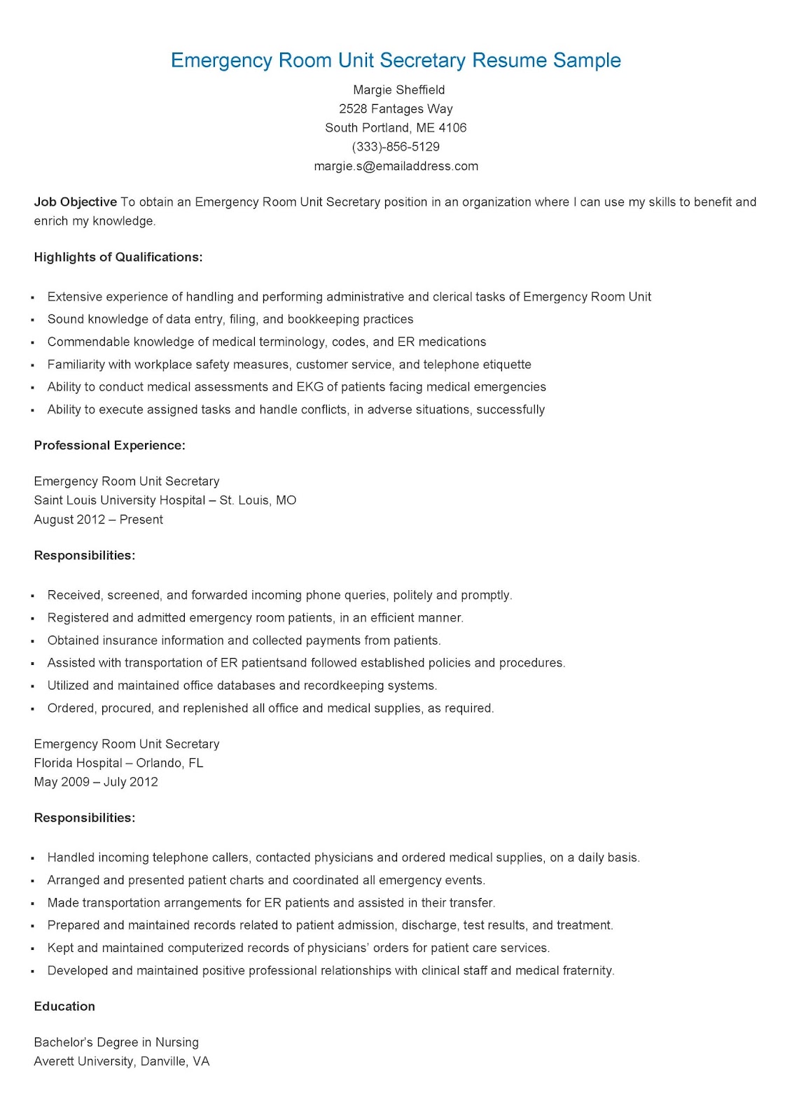 Resume Samples Emergency Room - Emergency%2BRoom%2BUnit%2BSecretary%2BResume%2BSample %25E9%25A1%25B5%25E9%259D%25A2 1