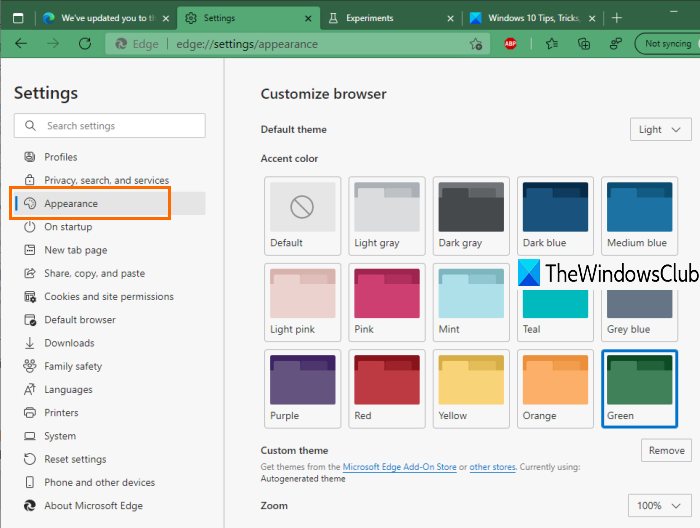 Microsoft Edge에서 강조 색상 활성화 및 사용