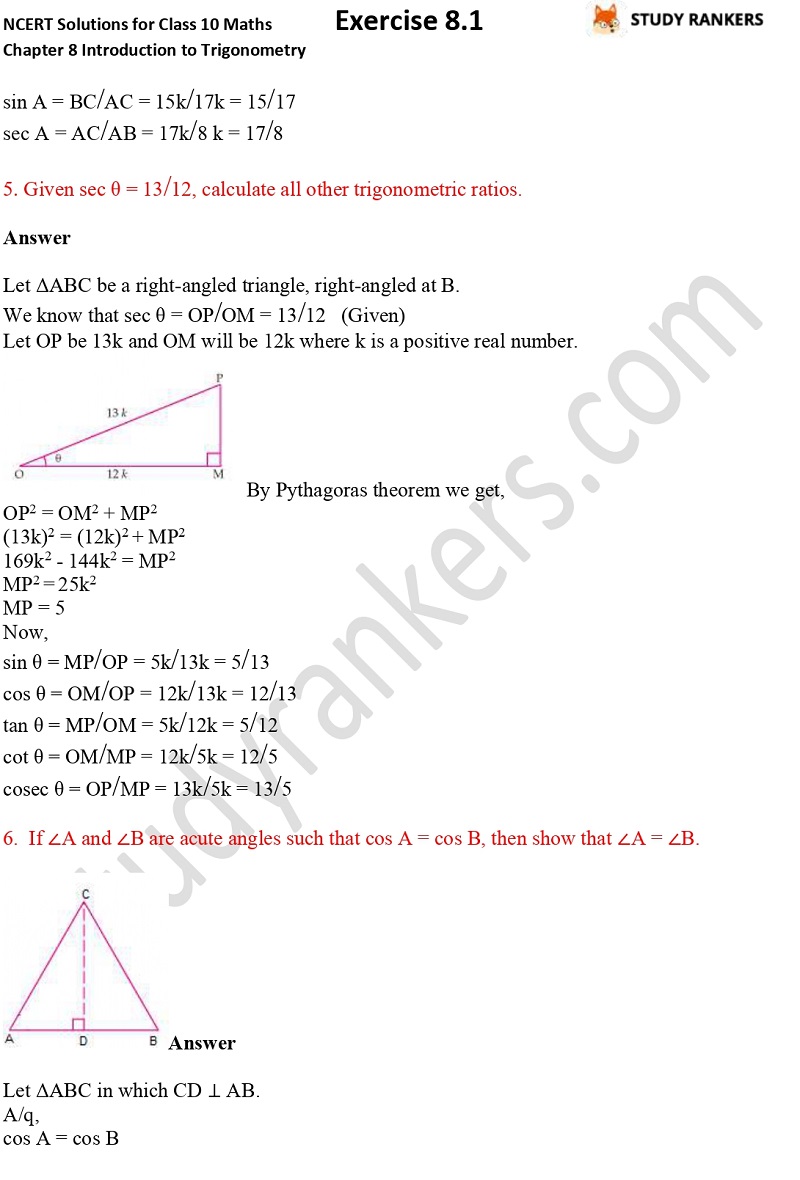 NCERT Solutions for Class 10 Maths Chapter 8 Introduction To Trigonometry Exercise 8.1 Part 3