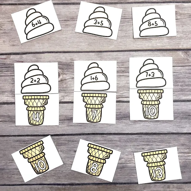 These free ice cream addition puzzles are perfect for helping your kindergartner or first grader practice their math facts.