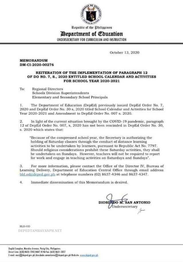 REITERATION OF THE IMPLEMENTATION OF PARAGRAPH 12 OF DO NO. 7, S., 2020 ENTITLED SCHOOL CALENDAR AND ACTIVITIES FOR SCHOOL YEAR 2020-2021